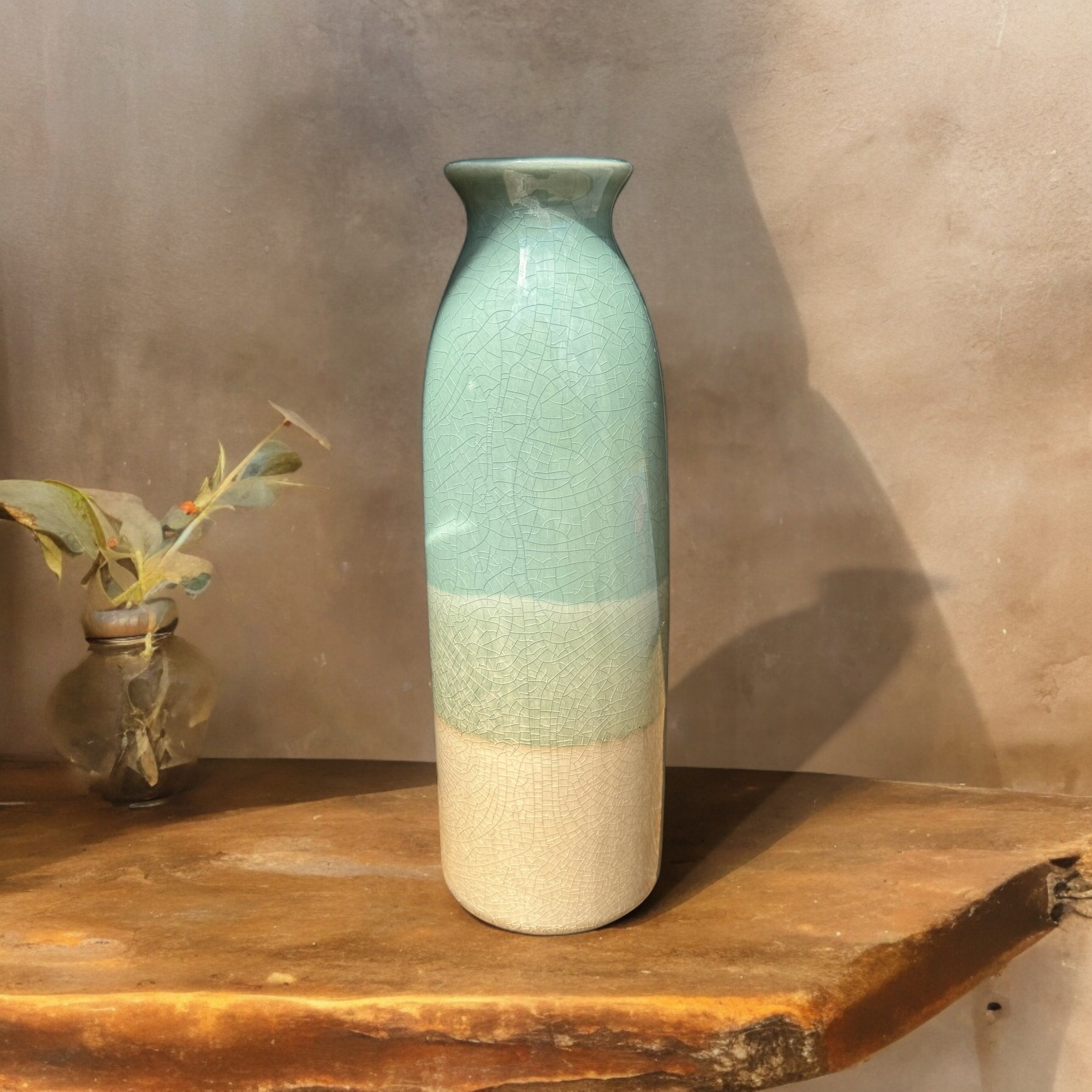 Green Toned Crackle Finish Tall Vase