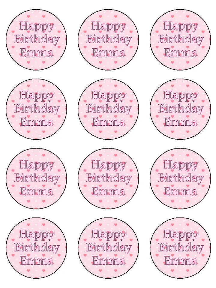 Pink Heart Happy Birthday personalised Edible Printed Cupcake Toppers Icing Sheet of 12 toppers