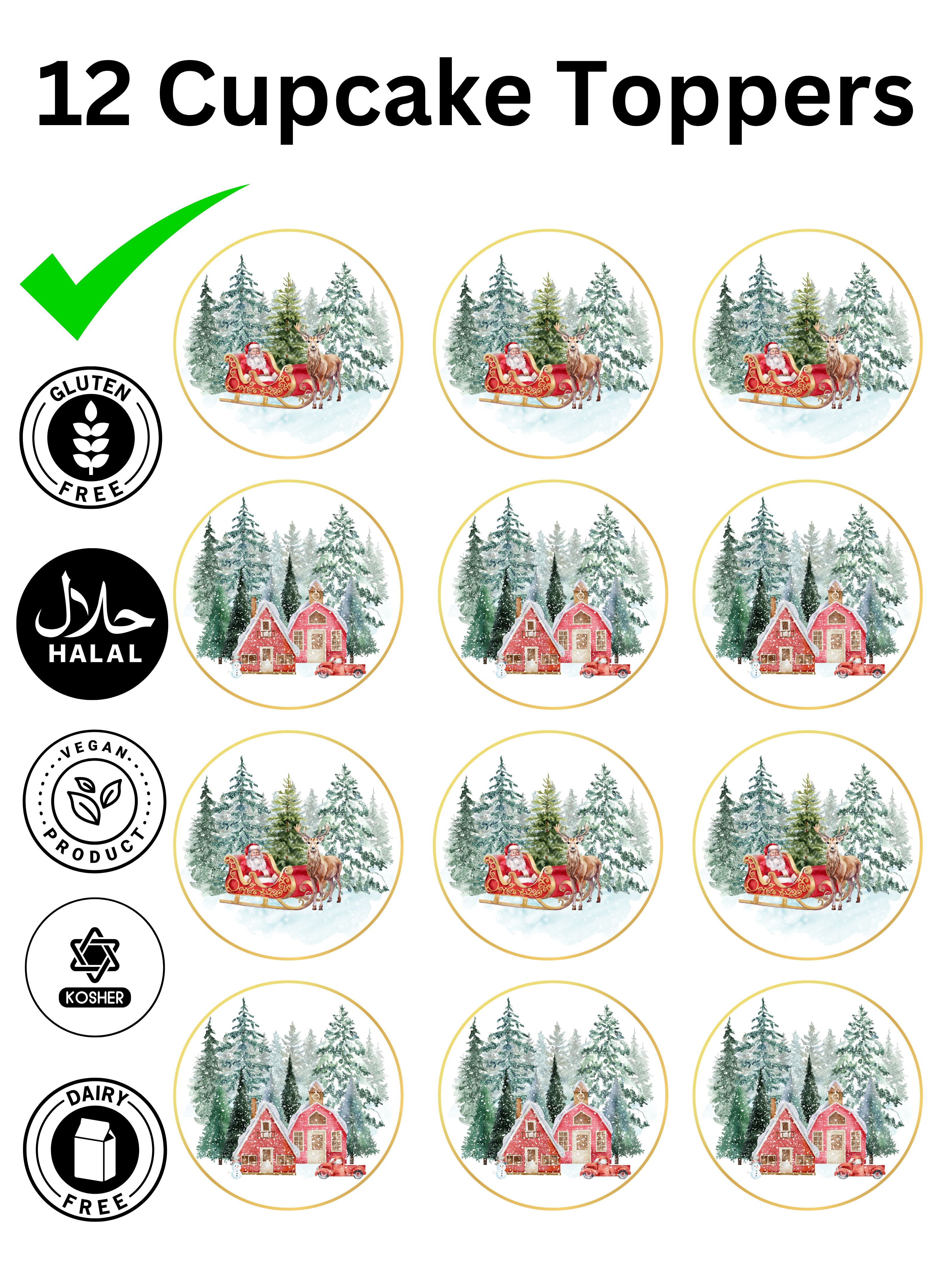 Winter Snow Trees Father Christmas Scene edible printed Cupcake Toppers Icing Sheet of 12