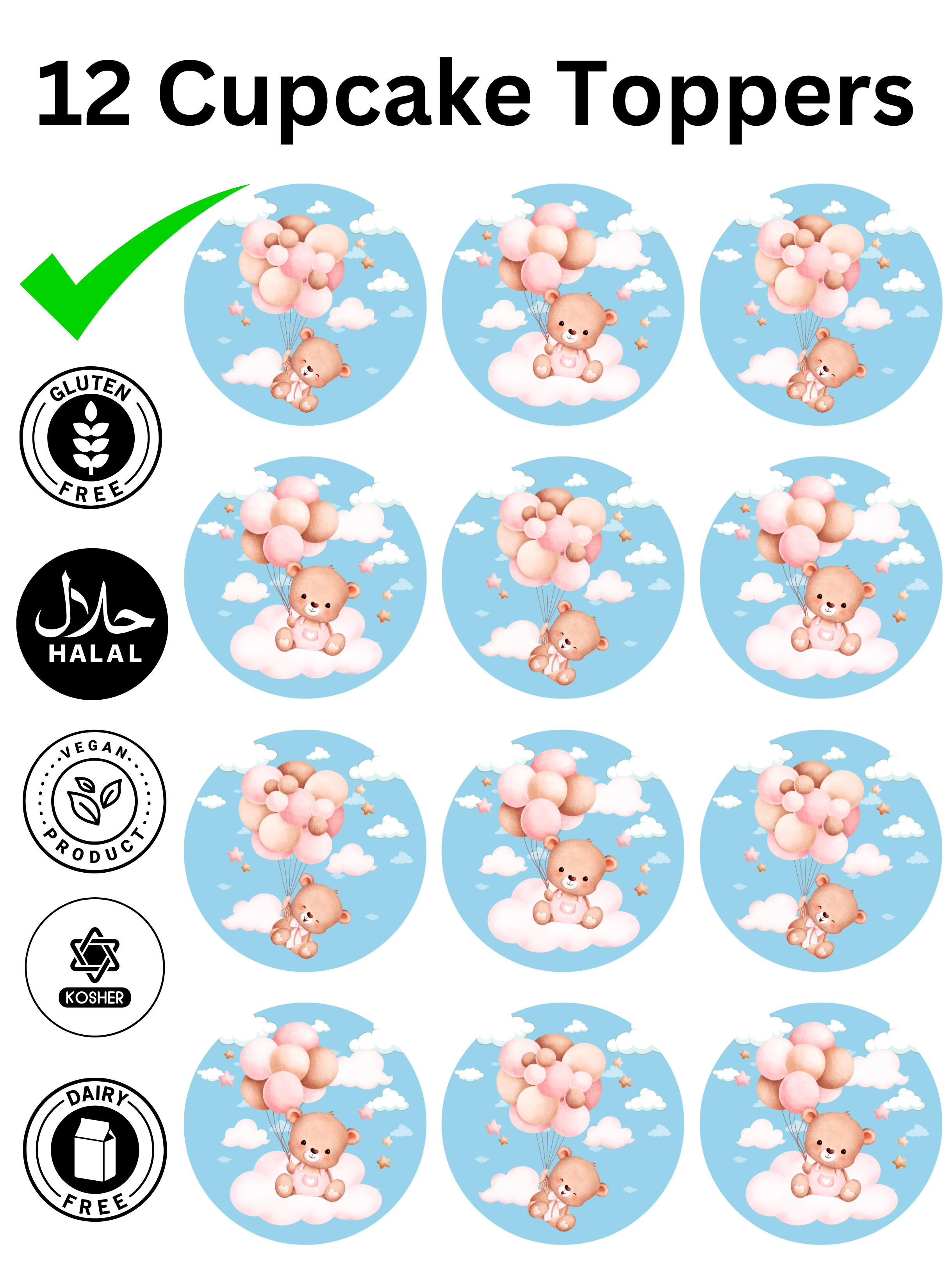 Teddy Bears in Clouds Baby Shower / Baby Girl edible printed Cupcake Toppers Icing Sheet of 12