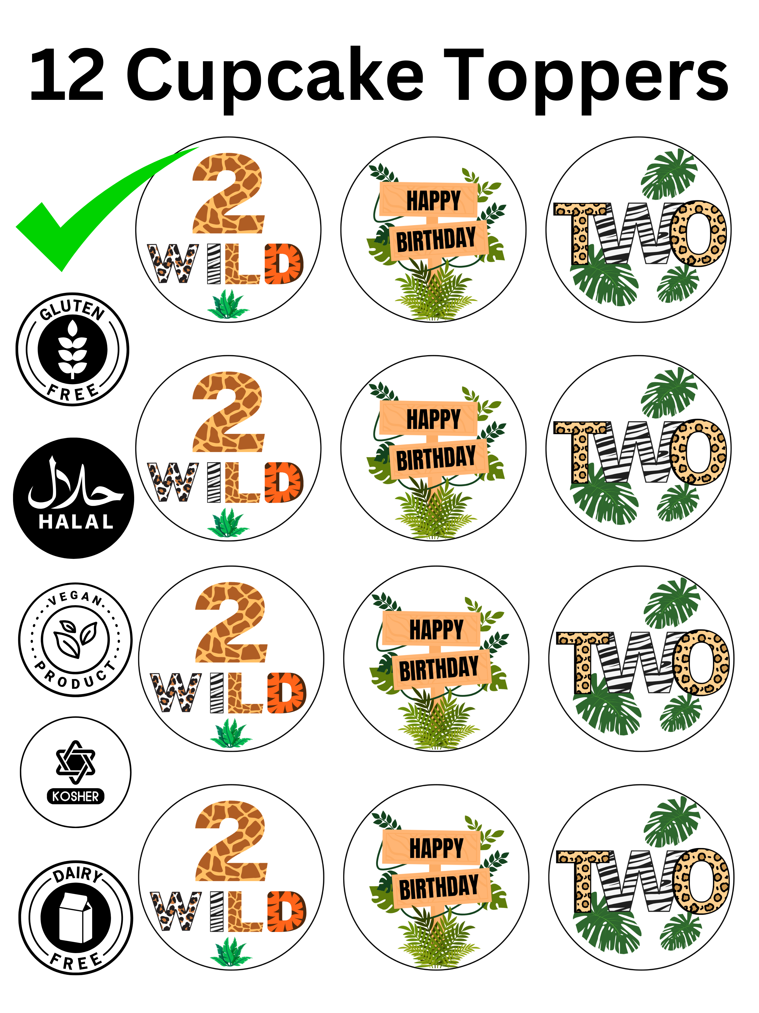 Two Wild 2nd Birthday Jungle Animal Theme edible printed Cupcake Toppers Icing Sheet of 12