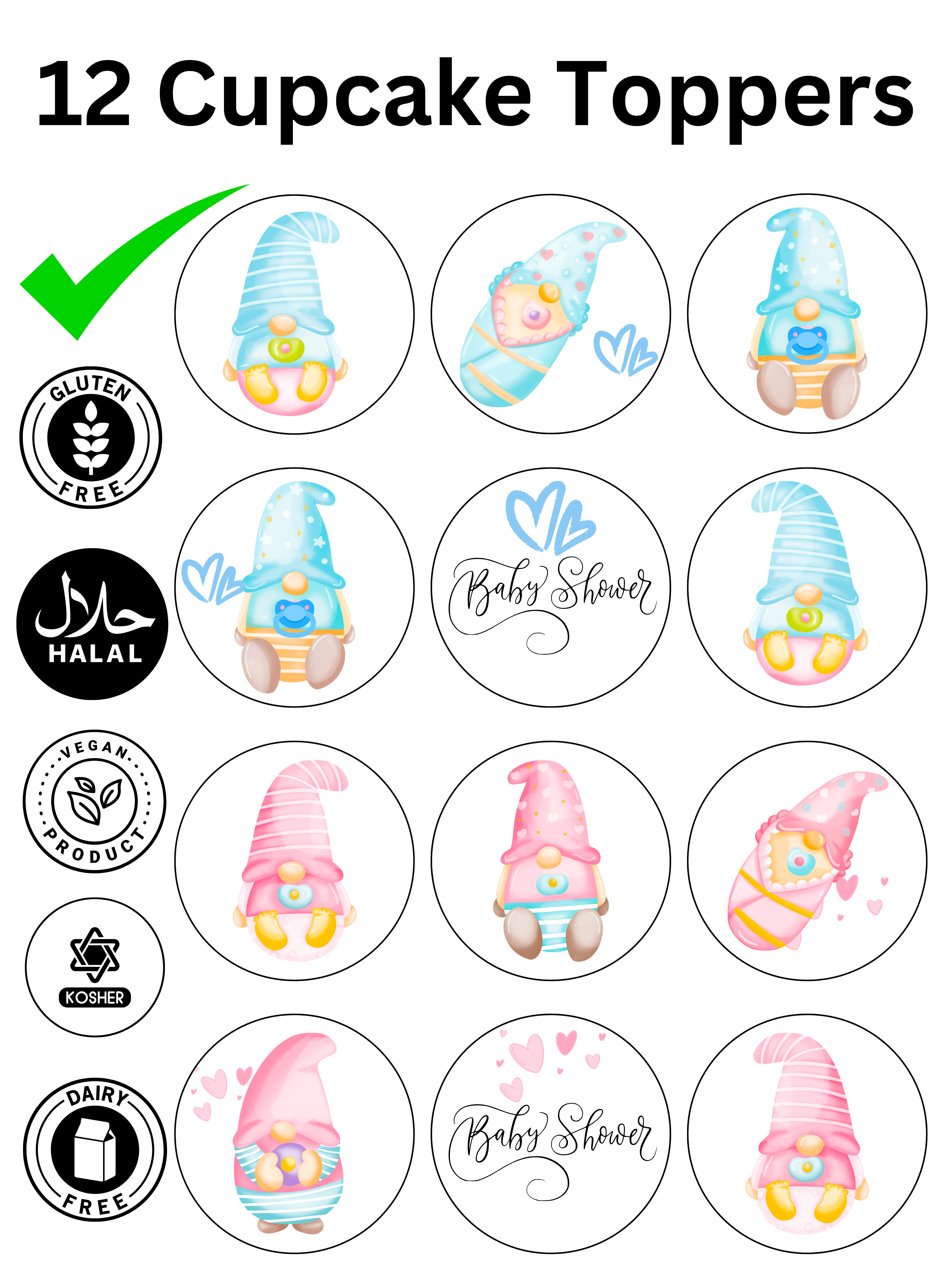 Gonk Baby Shower Blue Pink Boy Girl Theme edible printed Cupcake Toppers Icing Sheet of 12