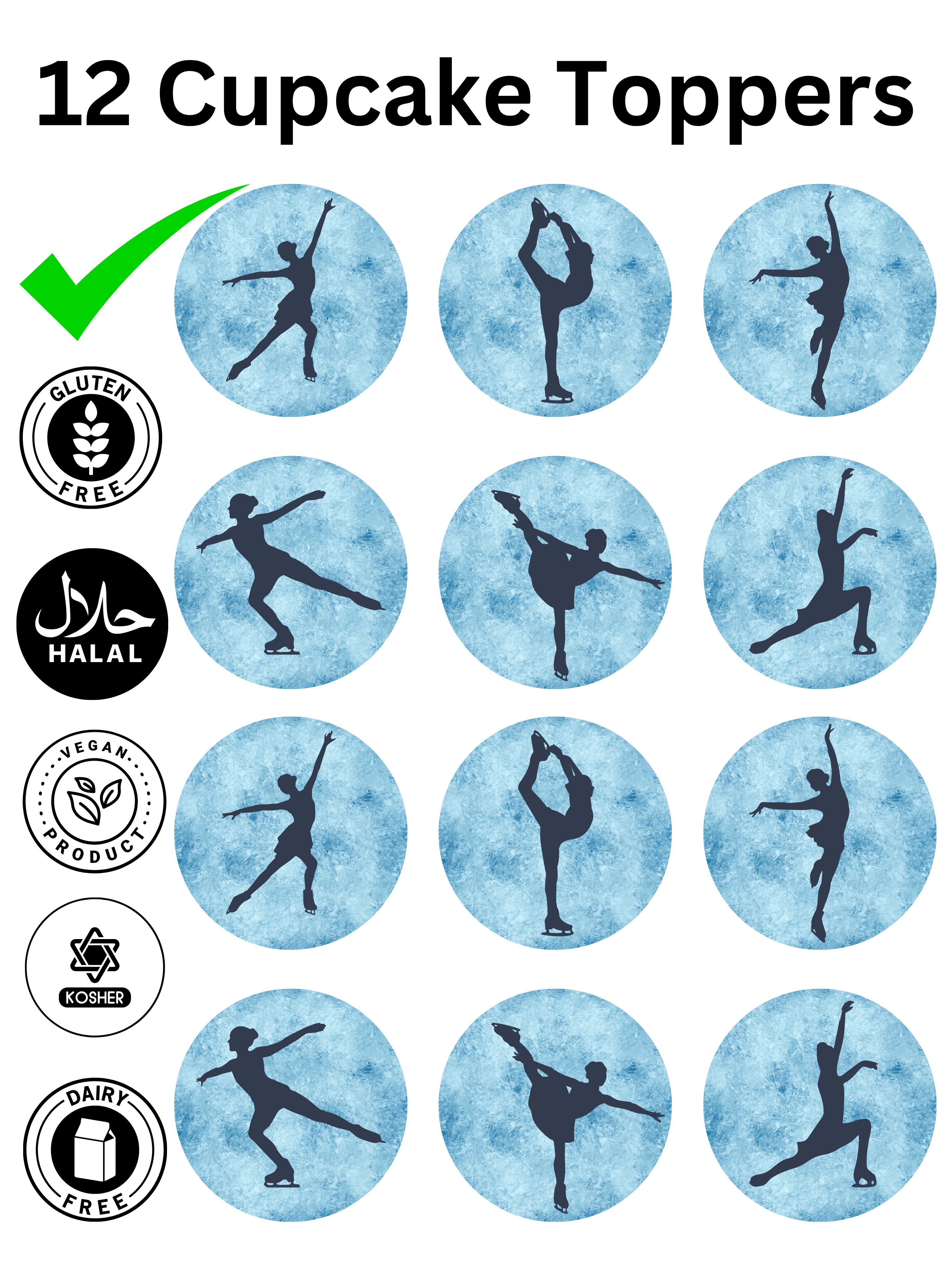 Ice Figure Skating Dance Sport Theme Female edible printed Cupcake Toppers Icing Sheet of 12