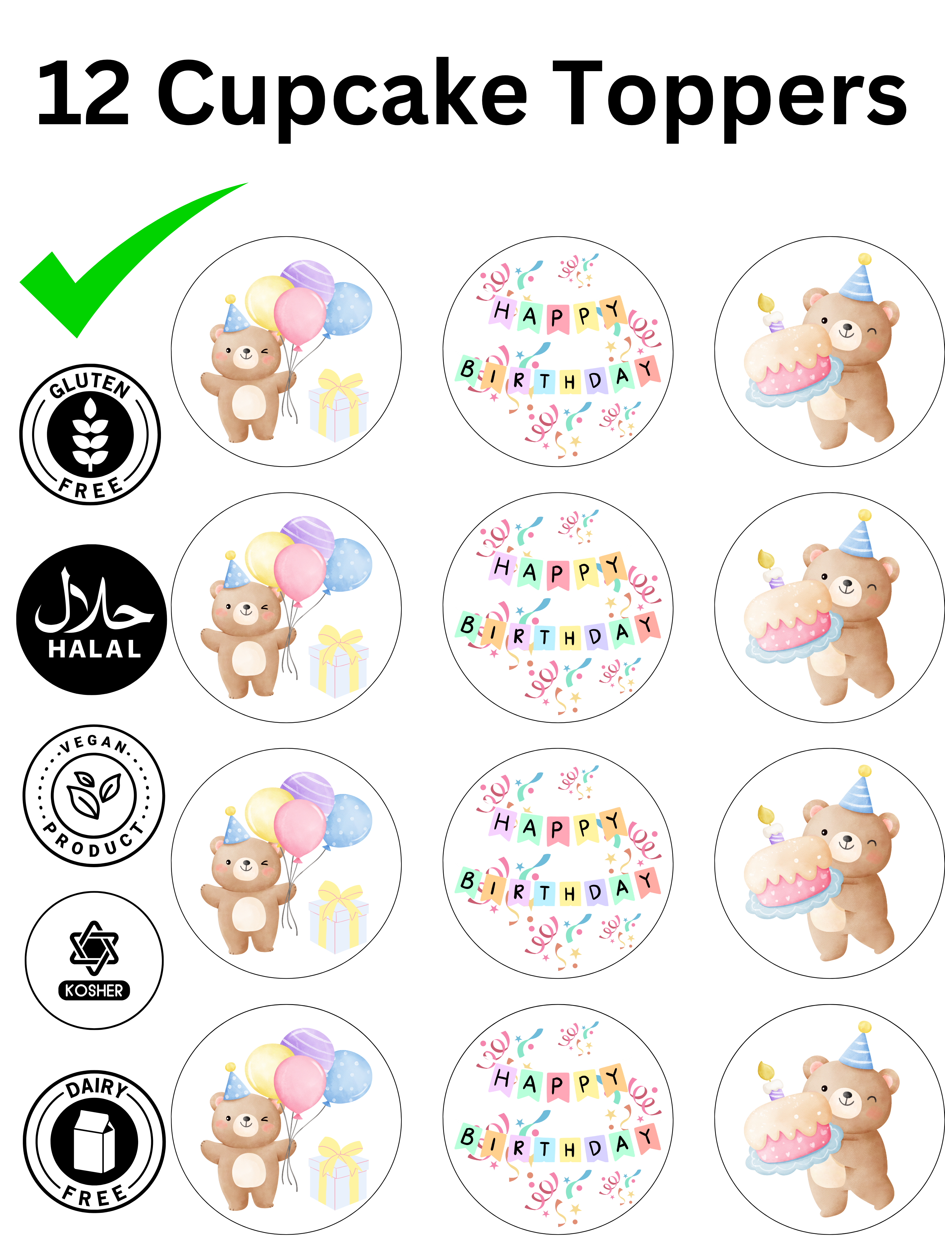 Happy Birthday Cute Teddy Bear Theme edible printed Cupcake Toppers Icing Sheet of 12