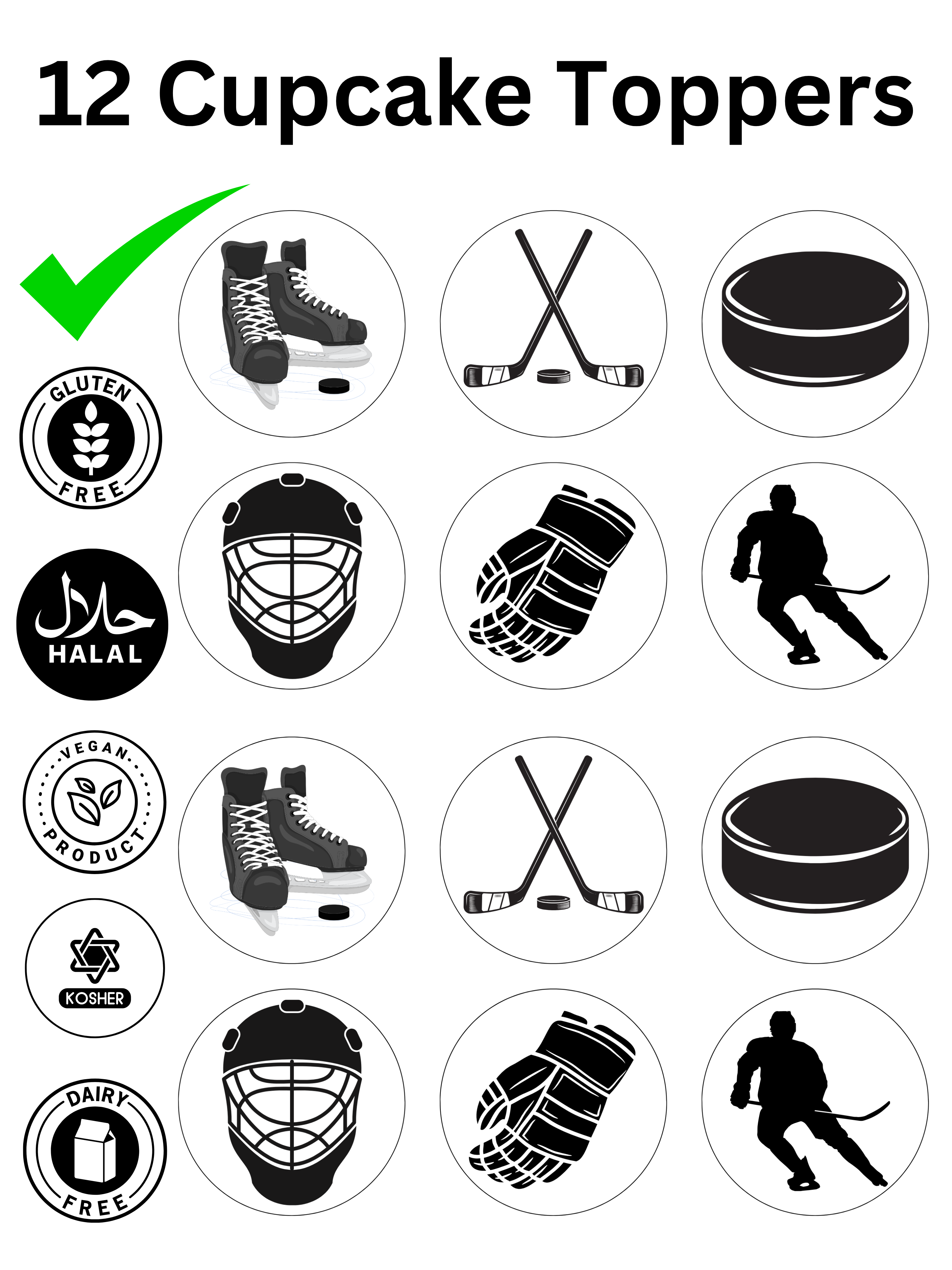 Ice Skating Hockey Sport Theme edible printed Cupcake Toppers Icing Sheet of 12