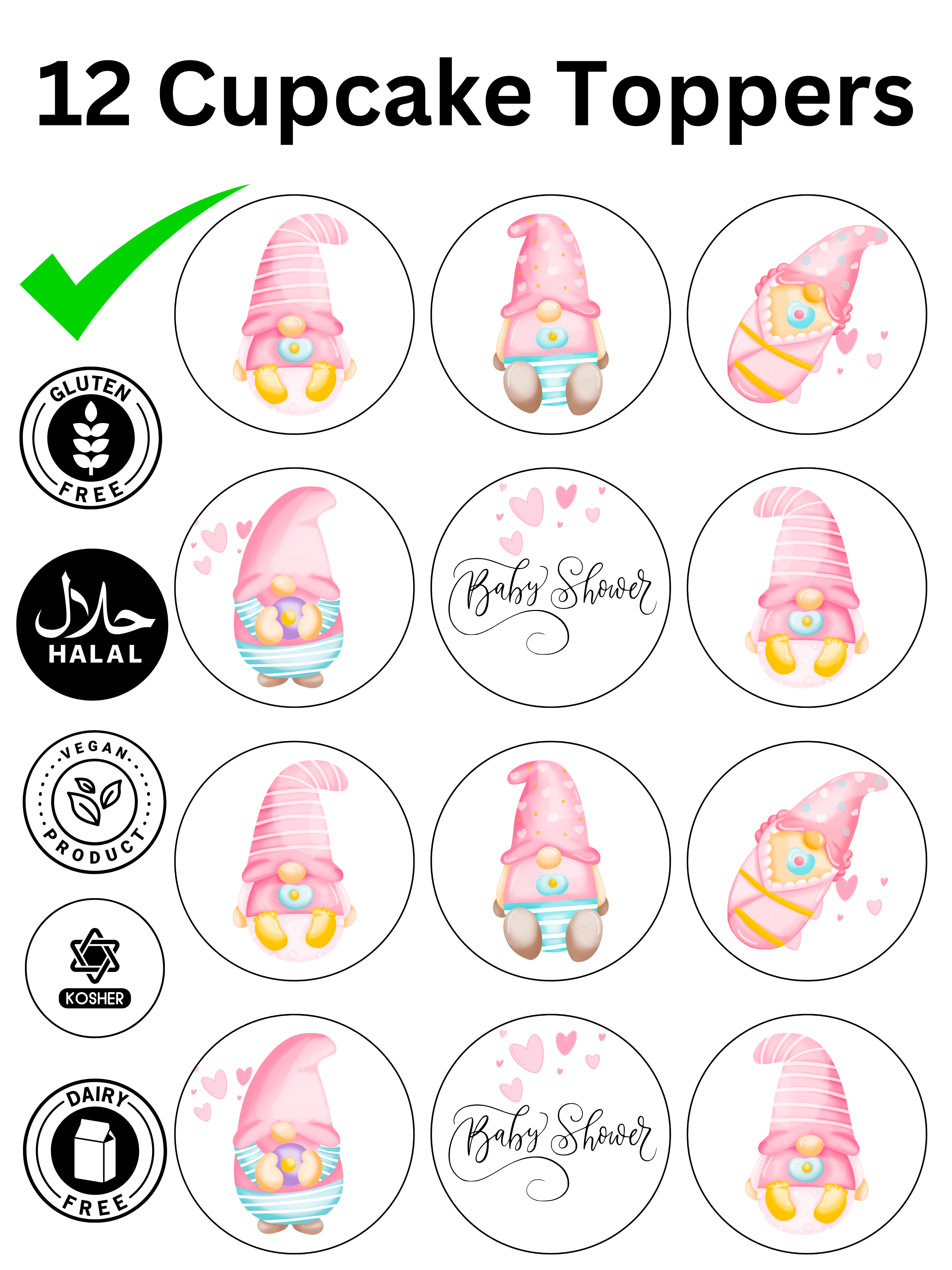 Gonk Baby Shower Pink Girl Theme edible printed Cupcake Toppers Icing Sheet of 12