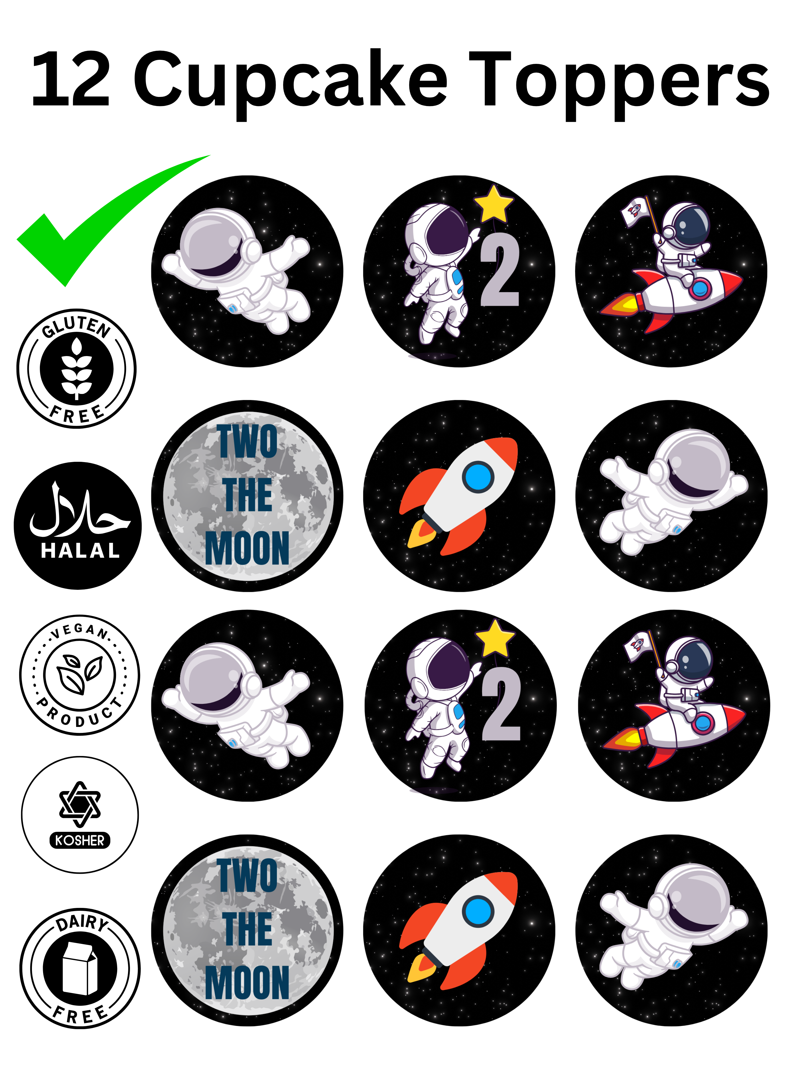 Two The Moon 2nd Birthday Space Theme edible printed Cupcake Toppers Icing Sheet of 12