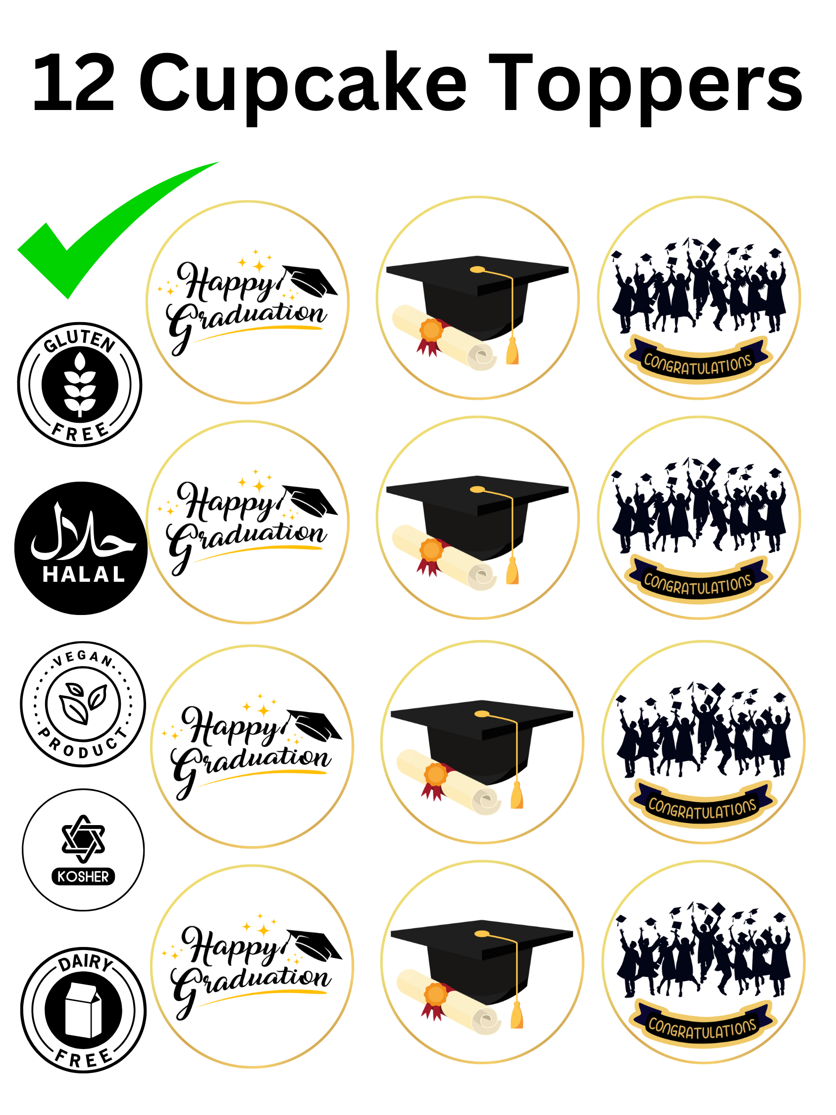 Graduation Congratulations Graduate Theme edible printed Cupcake Toppers Icing Sheet of 12