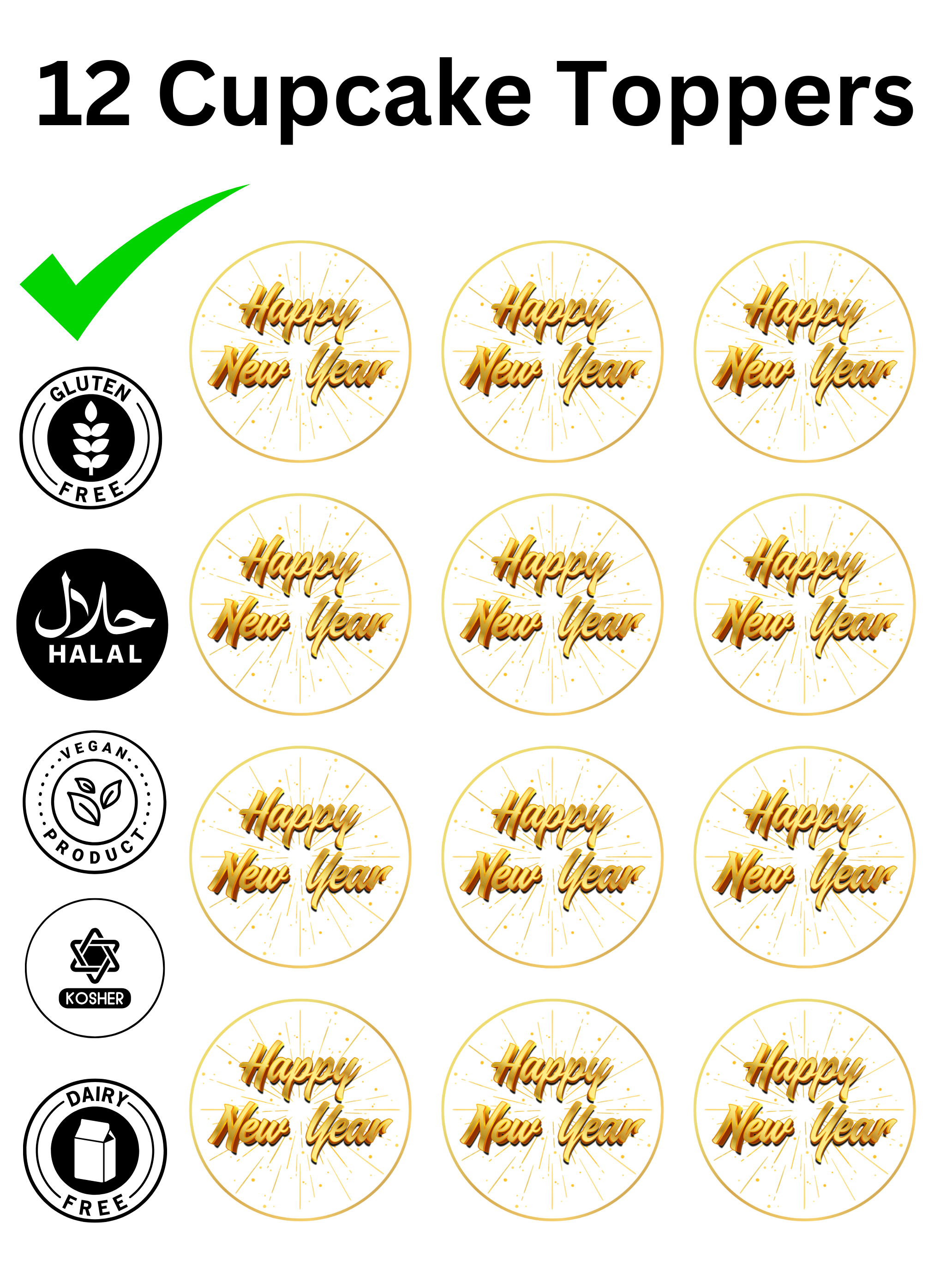 Happy New Year Gold Theme edible printed Cupcake Toppers Icing Sheet of 12