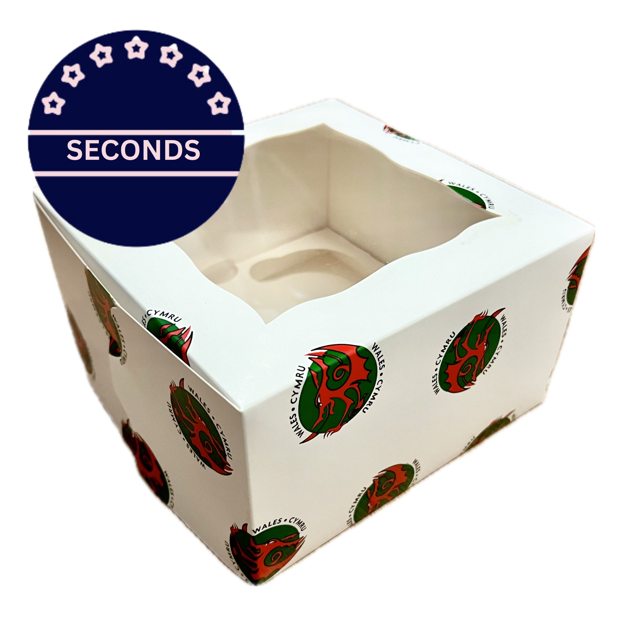 SECONDS - 4 Hole Cavity Cupcake Box White with Window - 4" Deep With Welsh Dragon Design