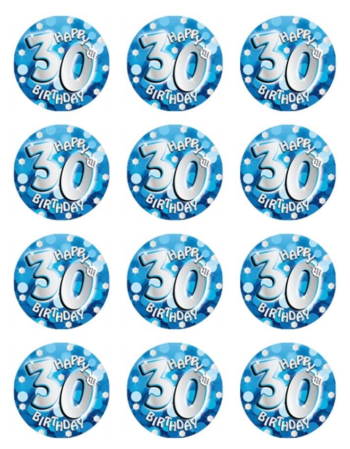 Happy 30th Birthday Blue  edible  printed Cupcake Toppers Icing Sheet of 12 Toppers