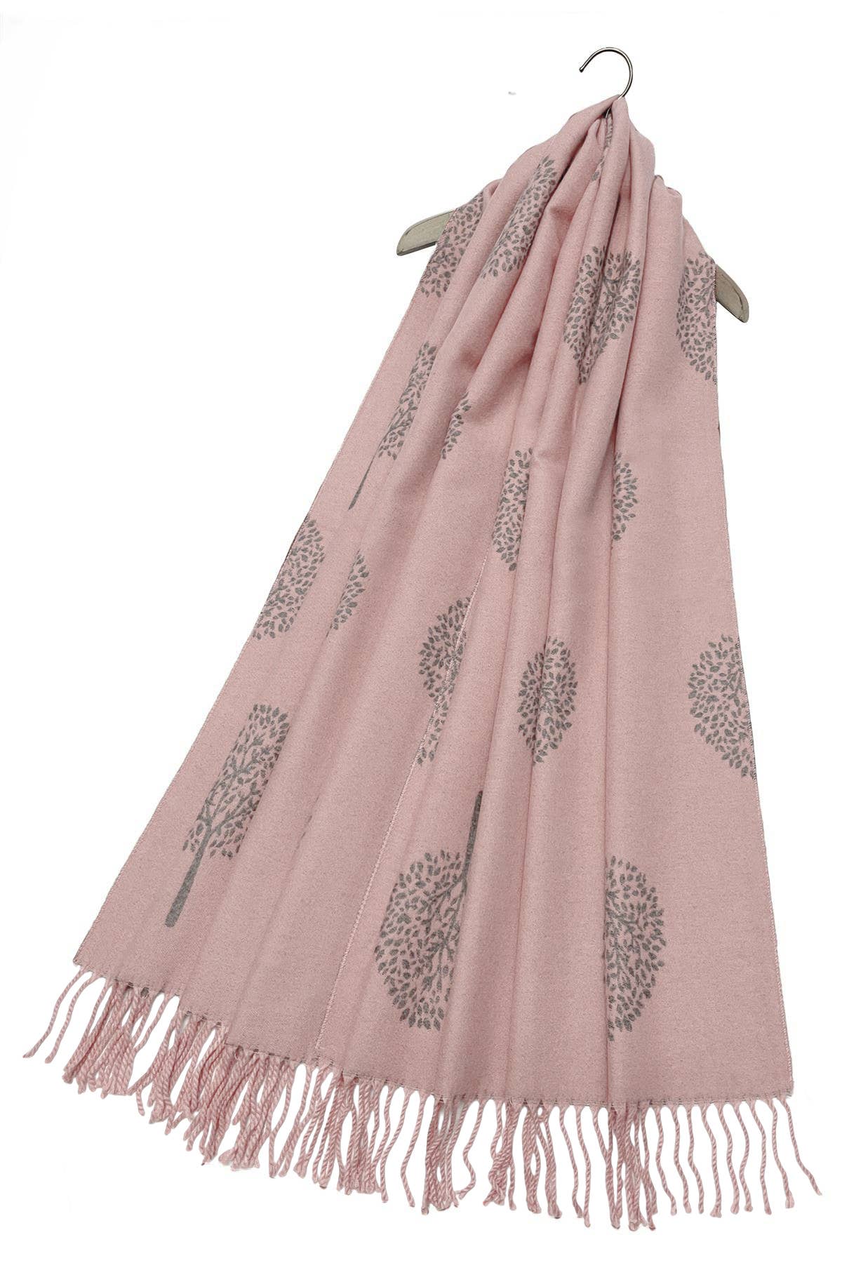 Light Pink and Soft Grey Tree Print Reversible Tassel Scarf