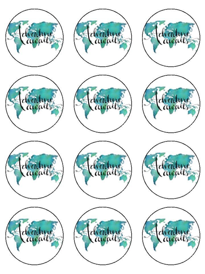 adventure awaits travel Edible Printed Cupcake Toppers Icing Sheet of 12 Toppers