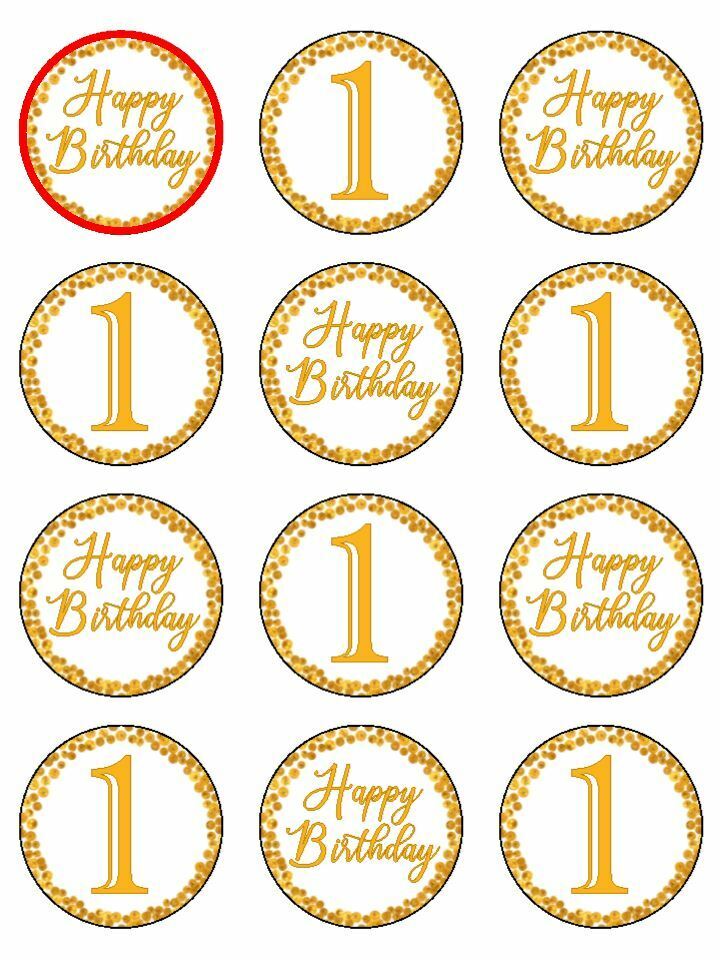 Happy Birthday Gold 1st Age 1 Printed Edible Printed Cupcake Toppers Icing Sheet of 12 Toppers