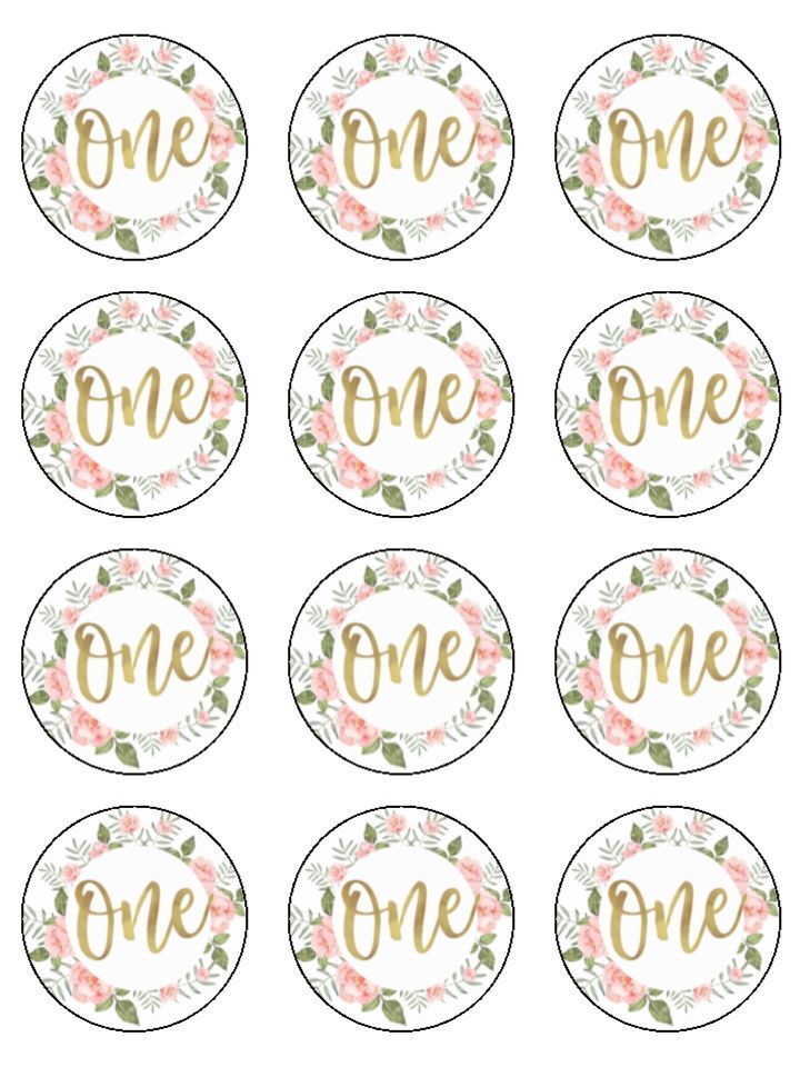 pink floral gold age 1 Edible Printed Cupcake Toppers Icing Sheet of 12 Toppers