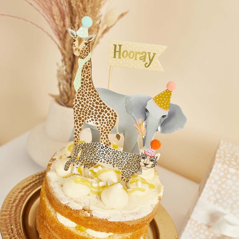 Party Animal Cake Topper Set - Hooray, Elephant, Giraffe, Leopard/Cheetah 