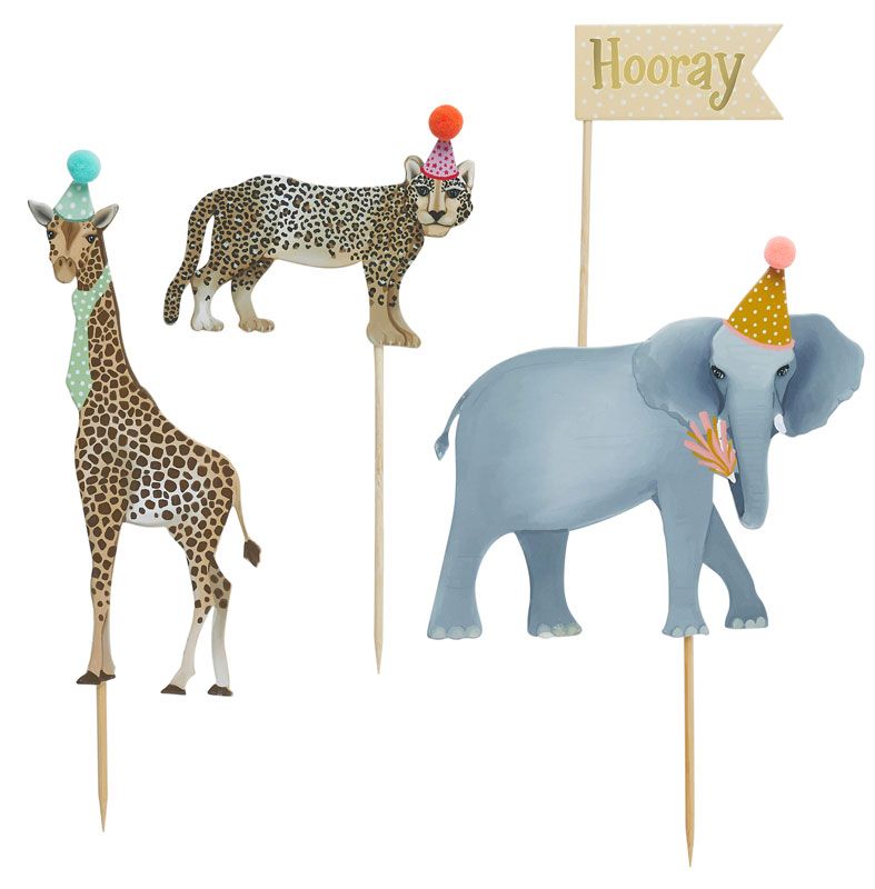 Party Animal Cake Topper Set - Hooray, Elephant, Giraffe, Leopard/Cheetah