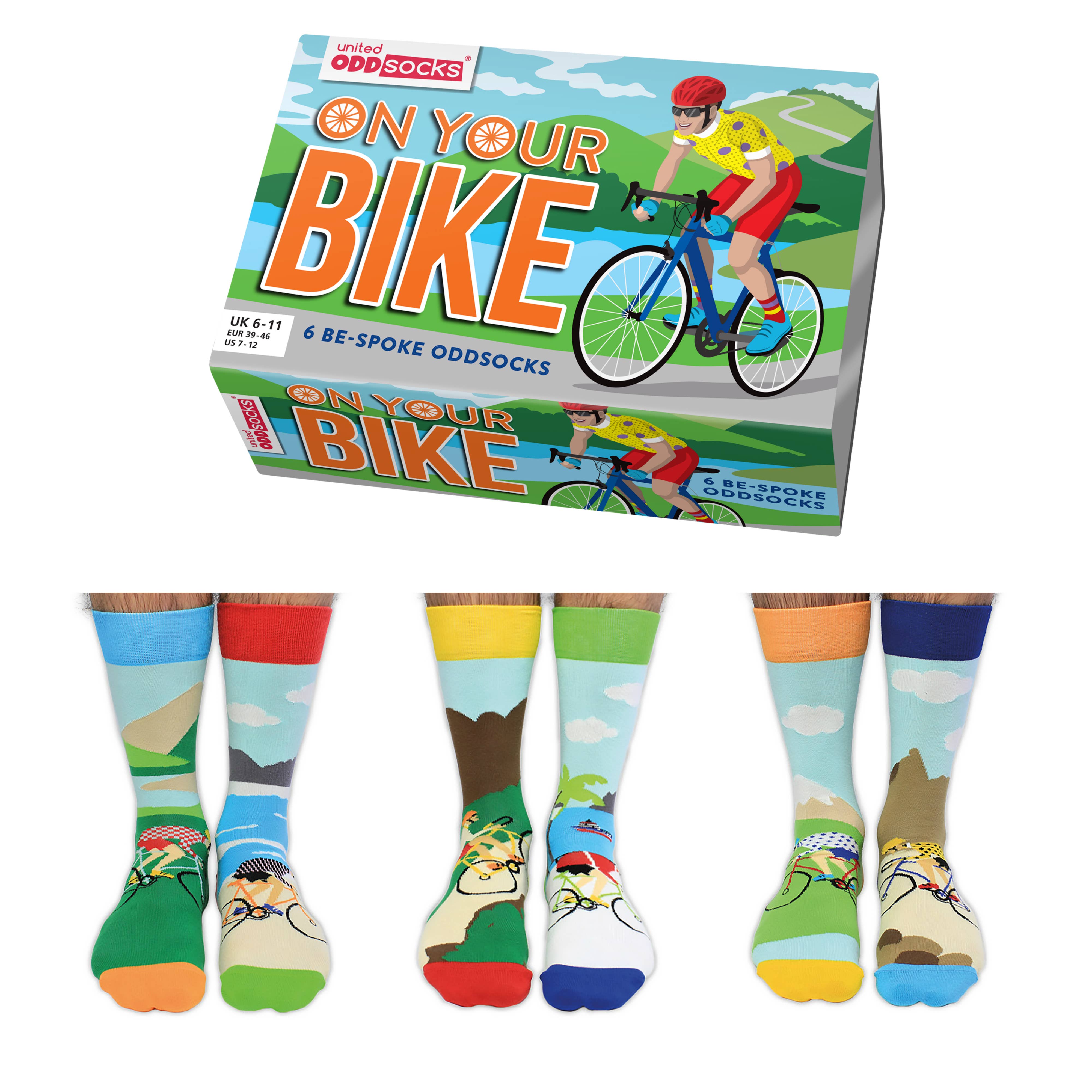 United Oddsocks 6 Odd Socks Gift Box - UK 6-11 EUR 39-46 US 7-12 - On Your Bike 