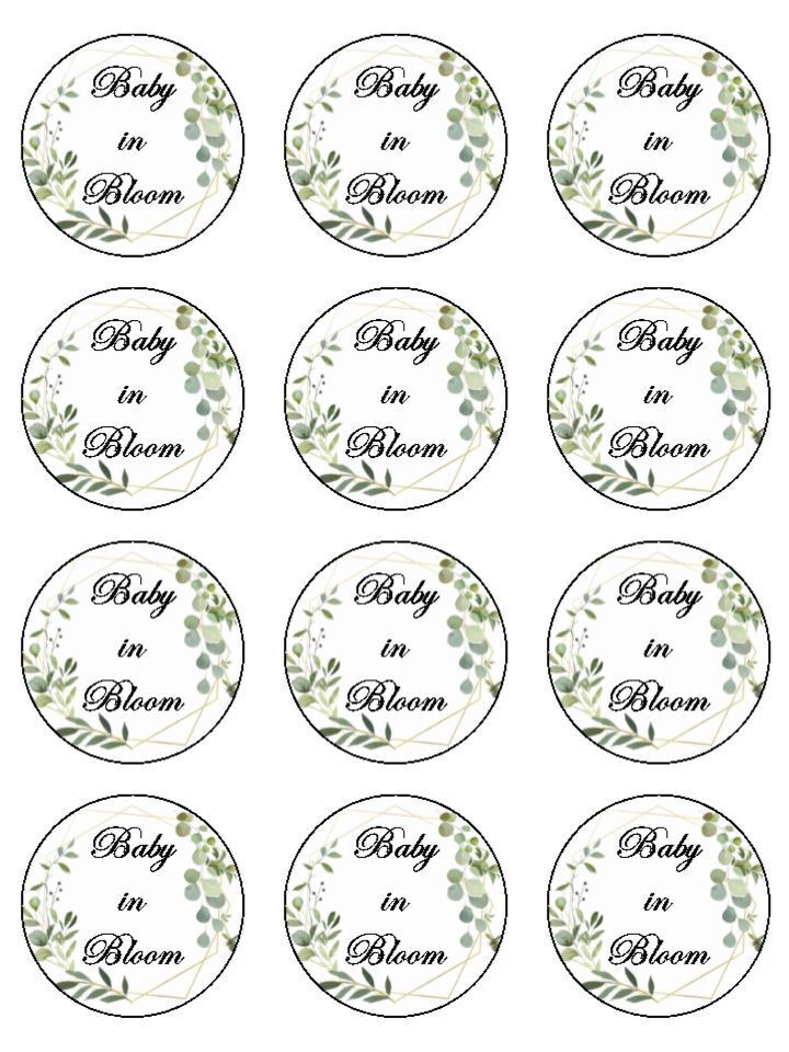 Baby in Bloom green foliage neutral Edible Printed Cupcake Toppers Icing Sheet of 12 Toppers