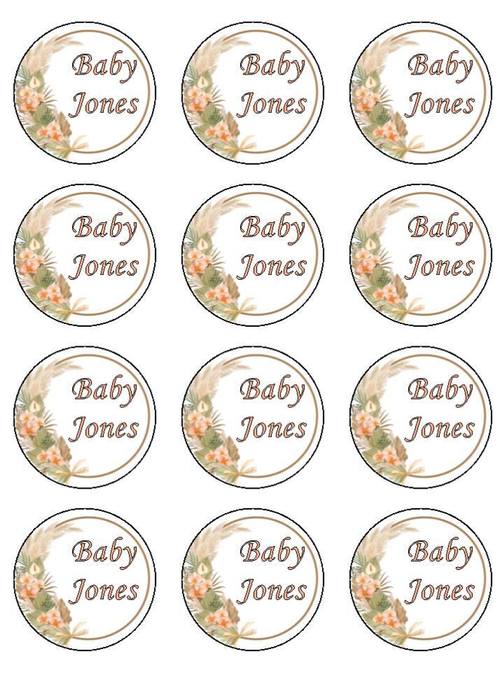 Neutral pampas babyshower personalised Edible Printed Cupcake Toppers Icing Sheet of 12 Toppers