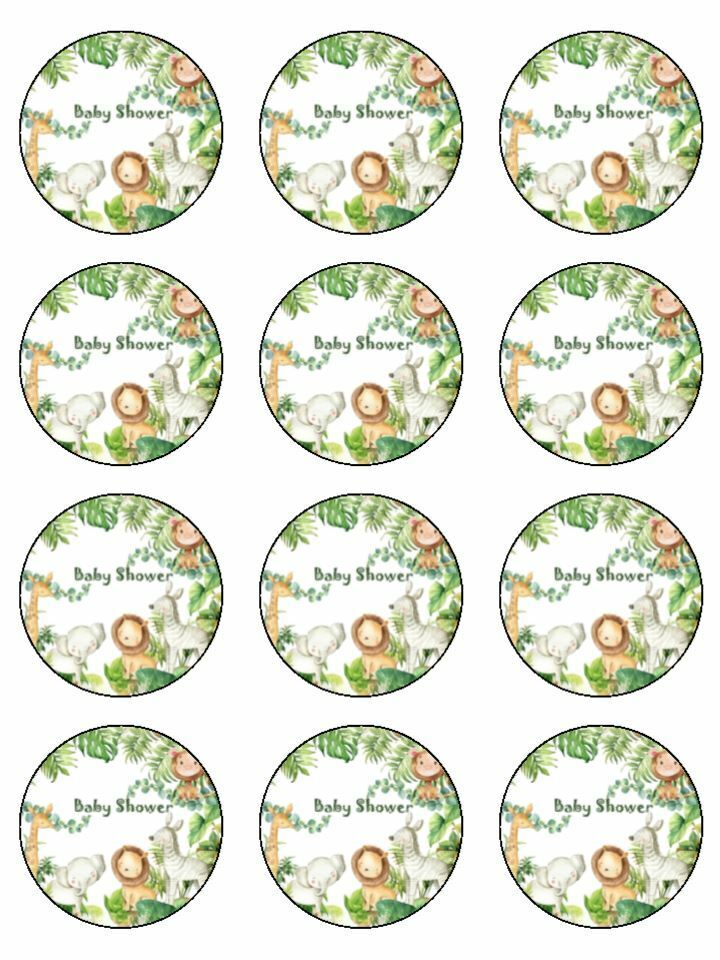 Jungle theme baby shower edible Printed Cupcake Toppers Icing Sheet of 12 Toppers