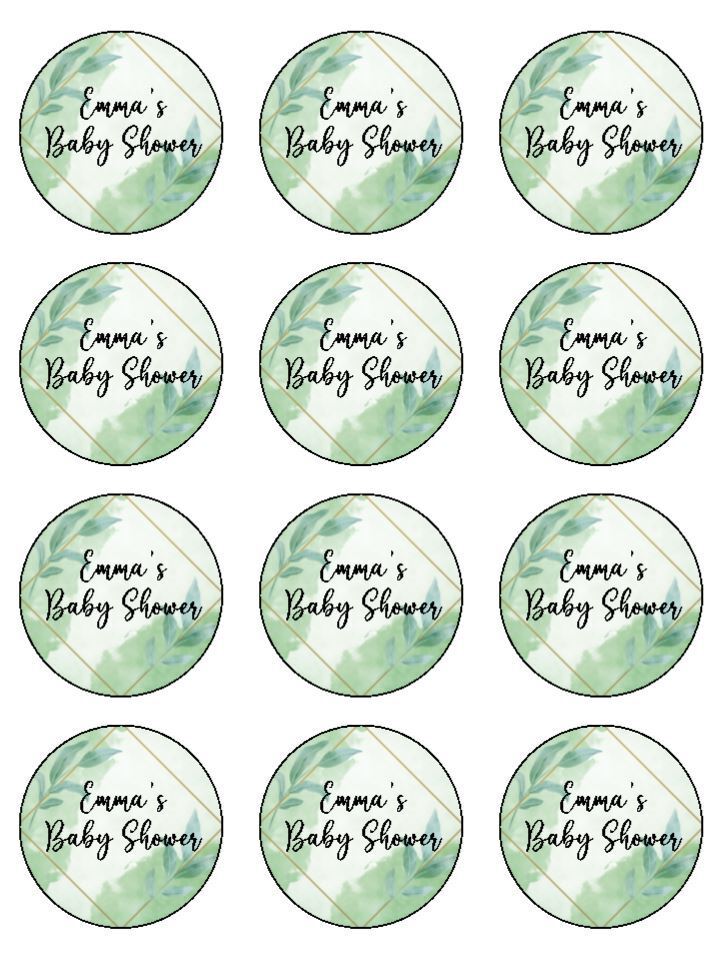 Green Leaf Baby Shower personalised Edible Printed Cupcake Toppers Icing Sheet of 12 toppers