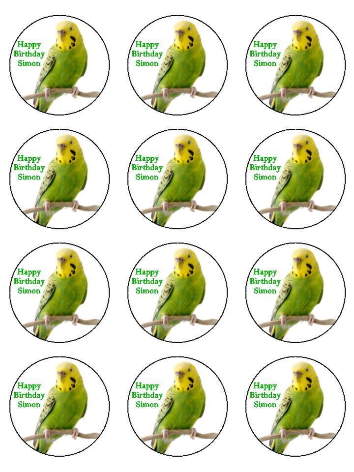 Budgie bird pet animal personalised Edible Printed Cupcake Toppers Icing Sheet of 12 toppers