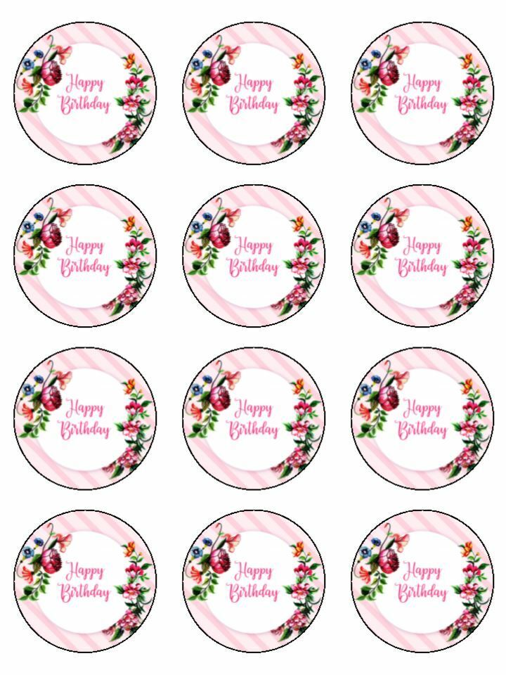 Happy Birthday pink theme girly bday edible Printed Cupcake Toppers Icing Sheet of 12 Toppers