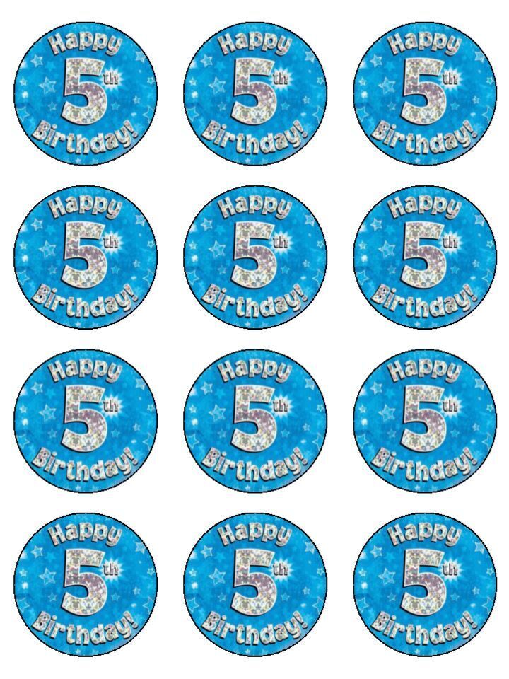 happy 5th Birthday Blue Party  Edible Printed Cupcake Toppers Icing Sheet of 12 Toppers