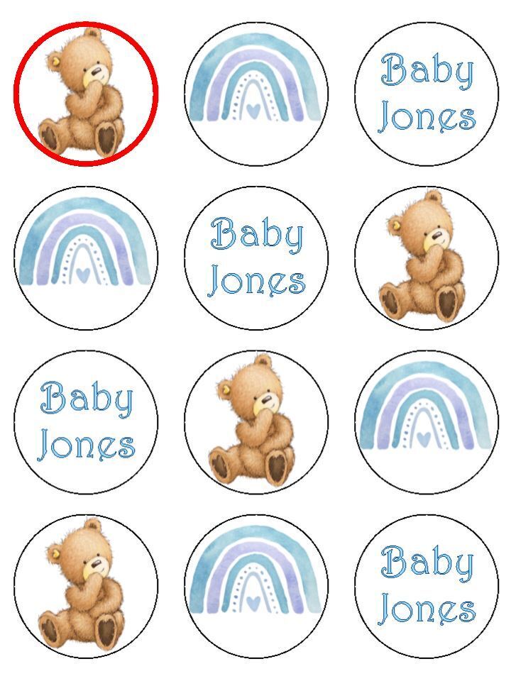 Blue babyshower rainbow personalised Edible Printed Cupcake Toppers Icing Sheet of 12 toppers