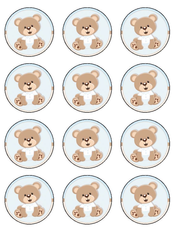 Bear babyshower blue Printed Edible Printed Cupcake Toppers Icing Sheet of 12 Toppers