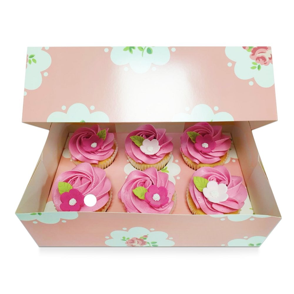 6 Cavity / Hole Salmon Pink Floral Rose Cupcake Box