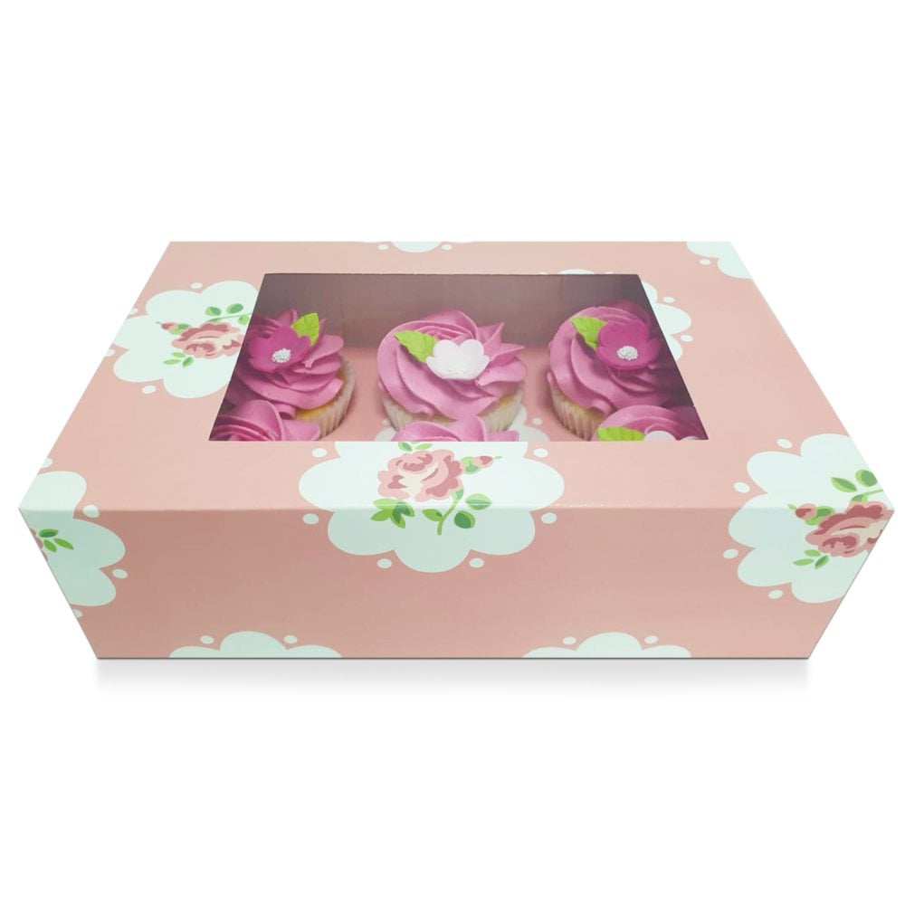6 Cavity / Hole Pink Floral Rose Cupcake Box