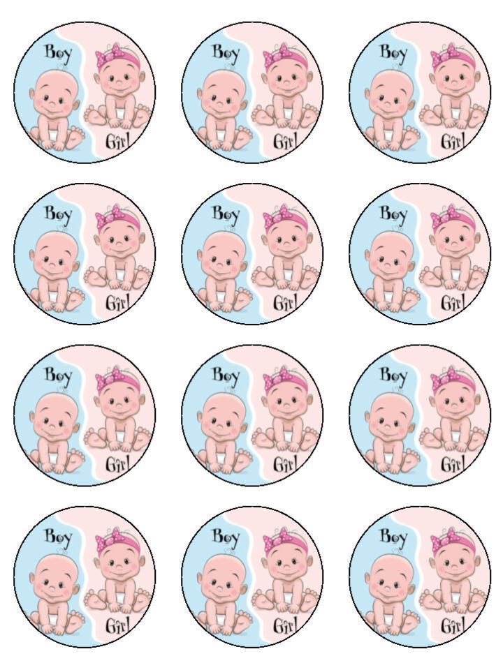 Boy girl baby shower twins Edible Printed Cupcake Toppers Icing Sheet of 12 Toppers