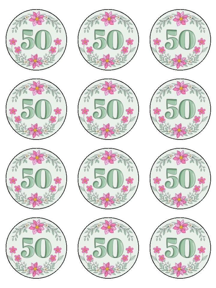 50th birthday age 50 floral Edible Printed Cupcake Toppers Icing Sheet of 12 Toppers