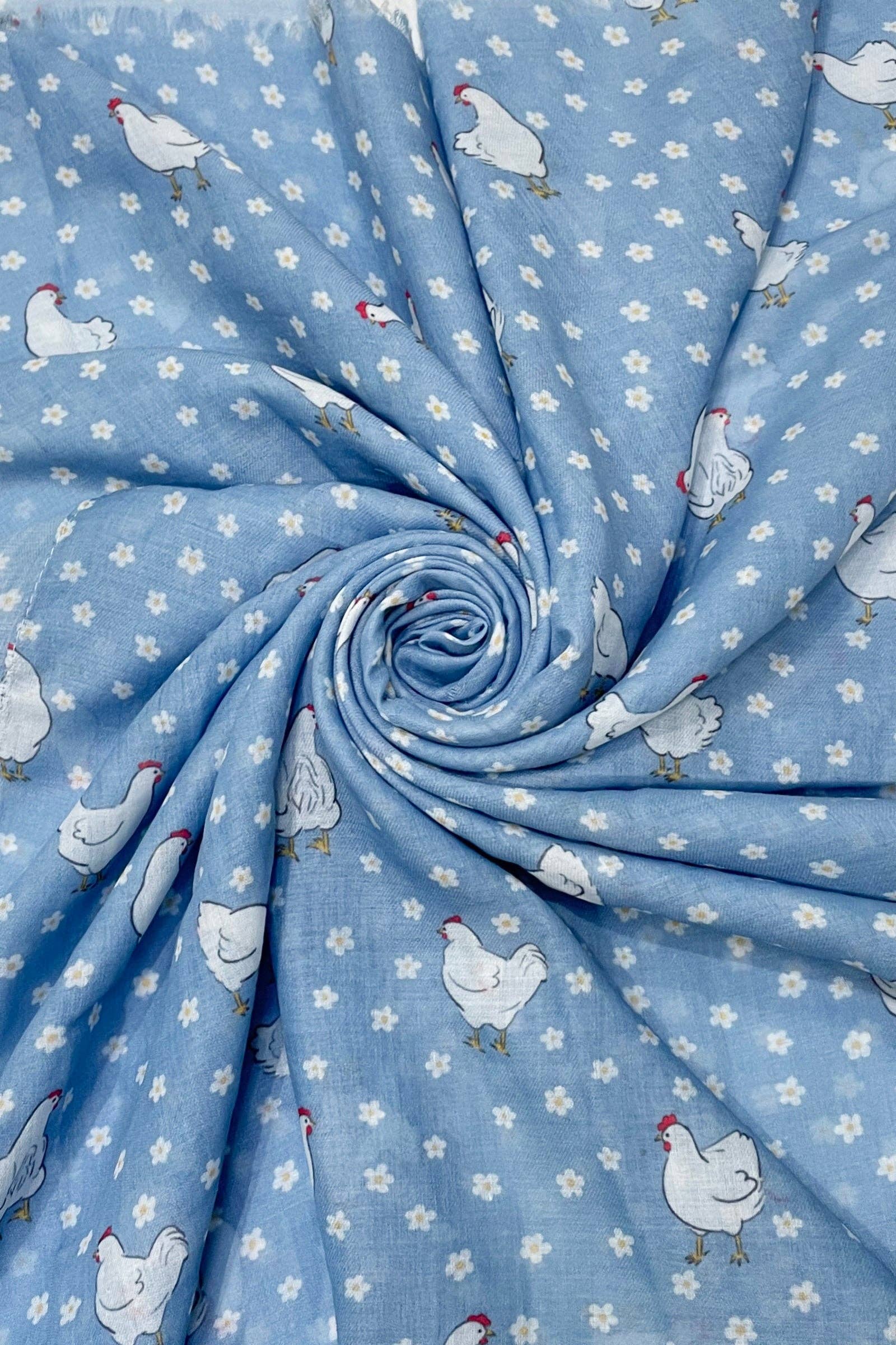 Chicken & Mini Daisy Print Frayed Edge Blue Scarf