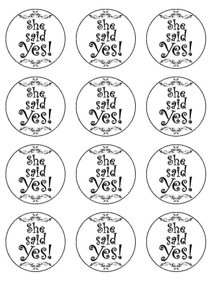She said yes fancy black swirl edible printed Cupcake Toppers Icing Sheet of 12 Toppers