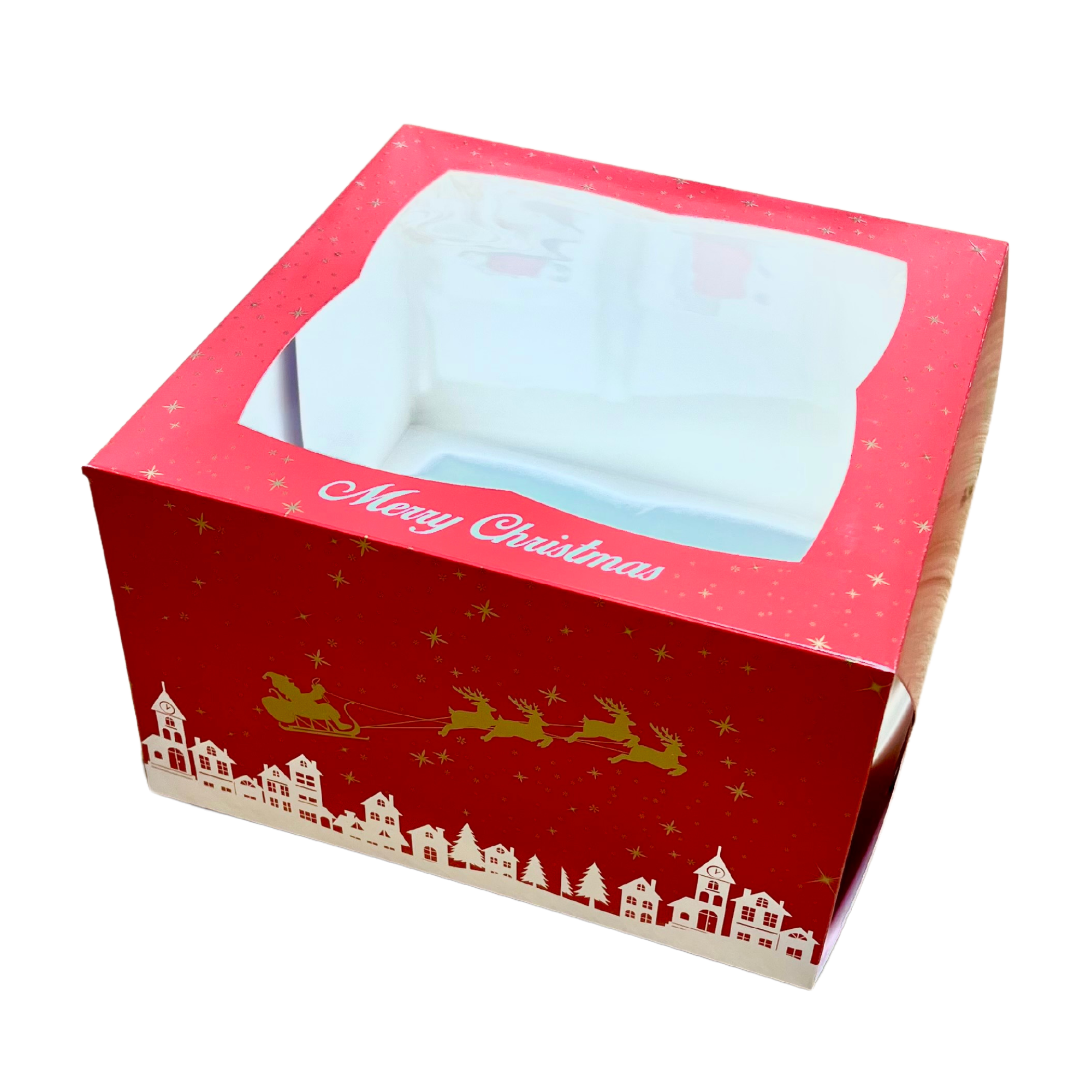 Christmas Cake Box with Window Red with Santa & Reindeer Design 10"