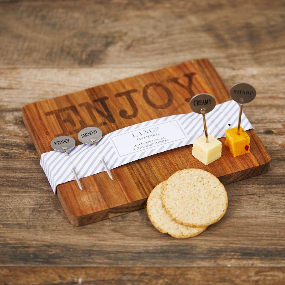 Wooden Acacia Cheese Serving Board with Meatal Markers - Smoked, Stinky, Creamy & Sharp