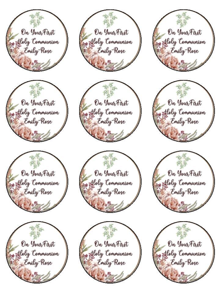 communion floral cross personalised Edible Printed Cupcake Toppers Icing Sheet of 12 toppers