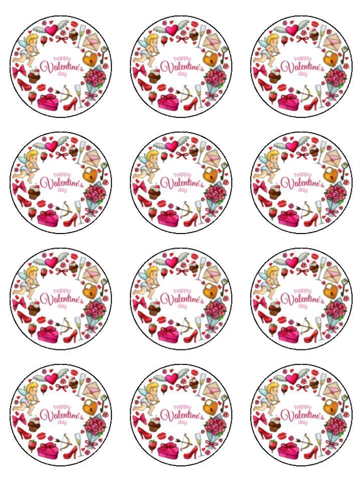 Valentines heart cupid Edible Printed Cupcake Toppers Icing Sheet of 12 Toppers