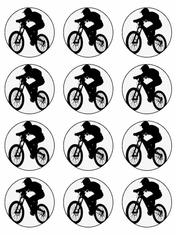 cycling bikes riding silhouette black edible printed Cupcake Toppers Icing Sheet of 12 Toppers