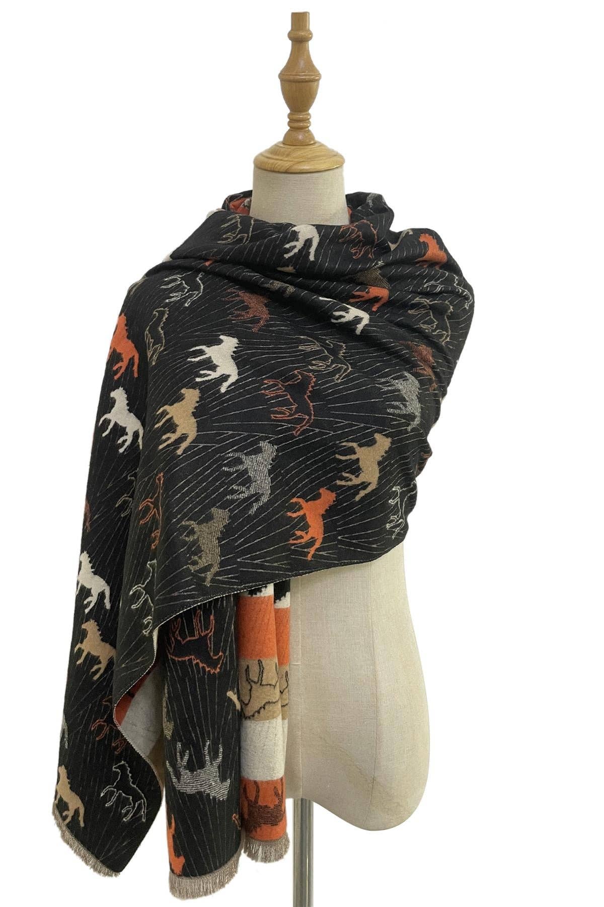 Horse Print With Reversible Stripe Design Frayed Scarf