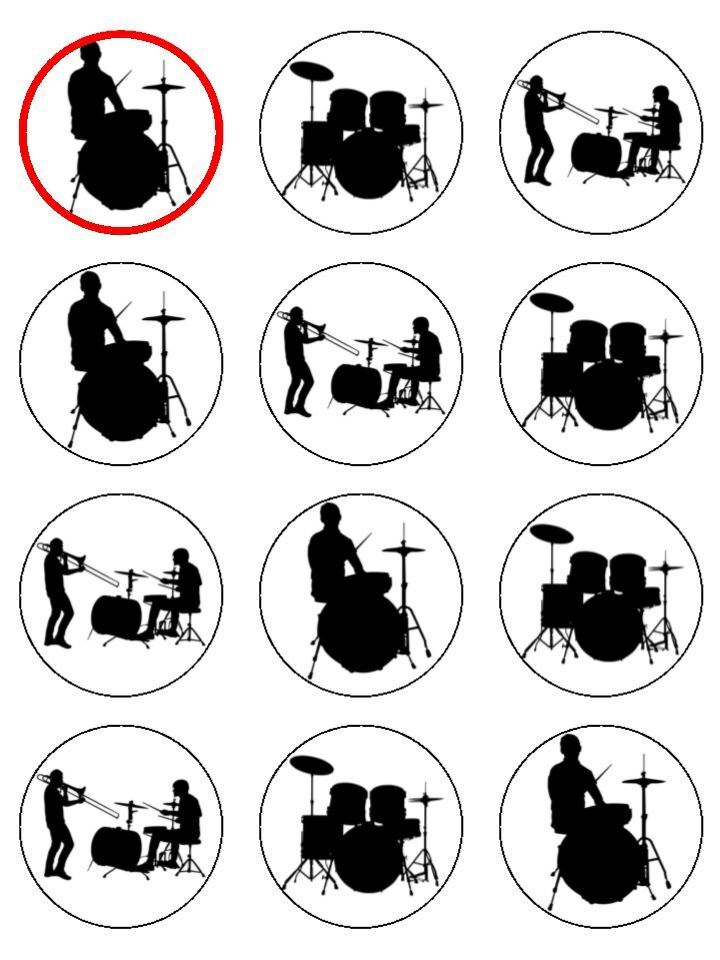 Drums musical music drummers  Edible Printed Cupcake Toppers Icing Sheet of 12 Toppers