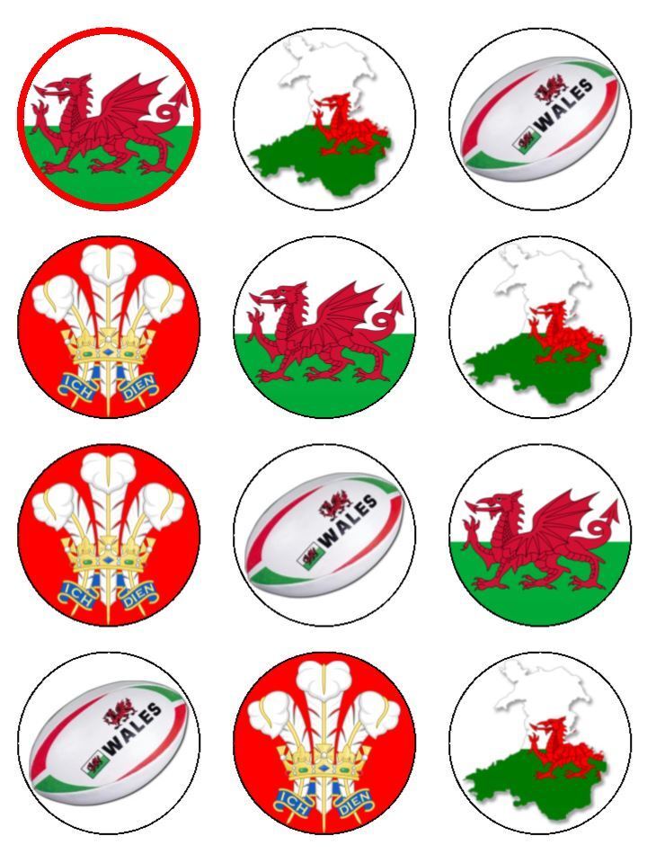 Wales Rugby ball welsh dragon edible printed Cupcake Toppers Icing Sheet of 12 Toppers
