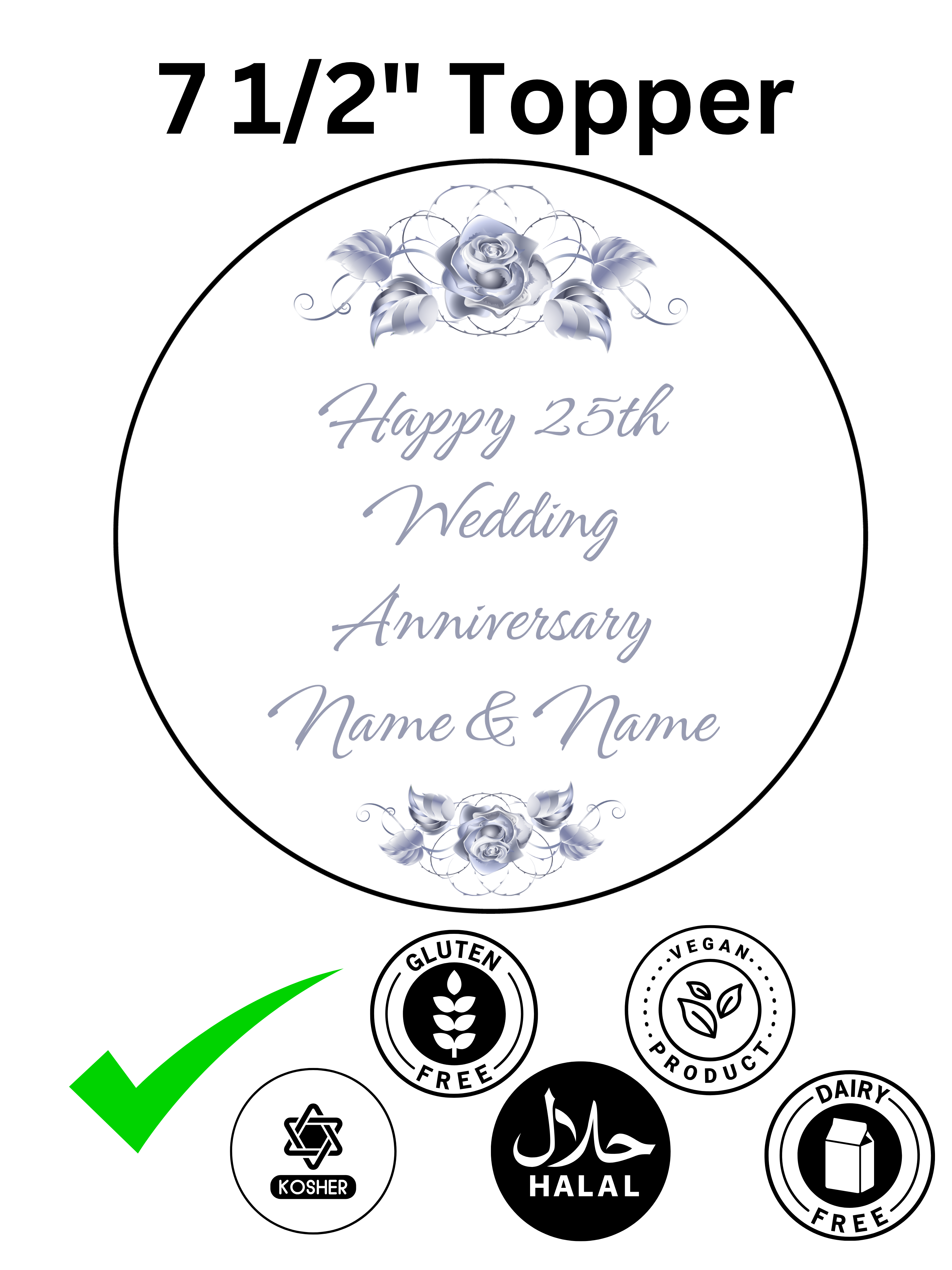 25 2th Silver Wedding Anniversary Personalised Edible Printed Cake Topper Round Icing Sheet