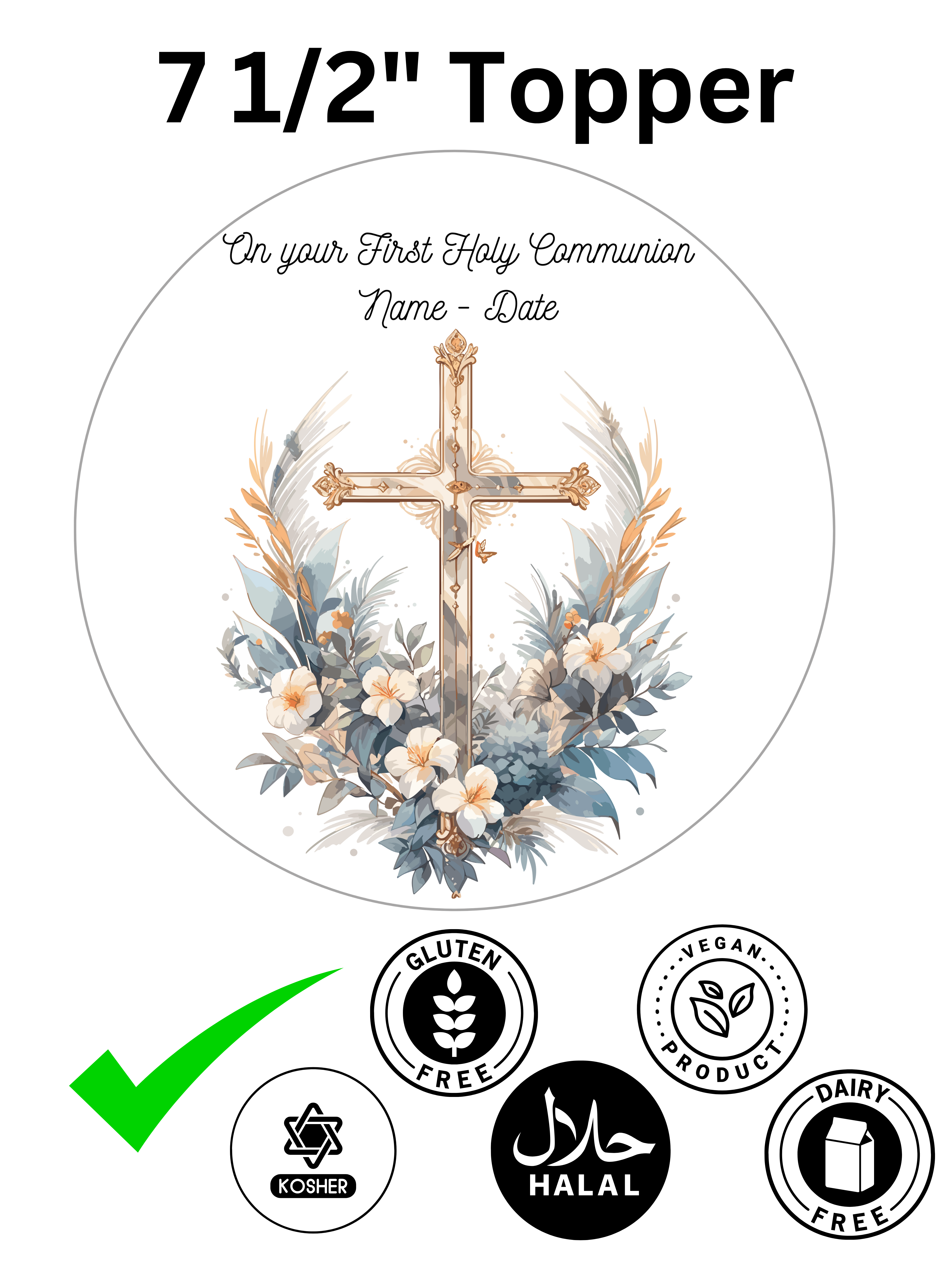 First Holy Communion Floral Cross Personalised Edible Printed Cake Topper Round Icing Sheet