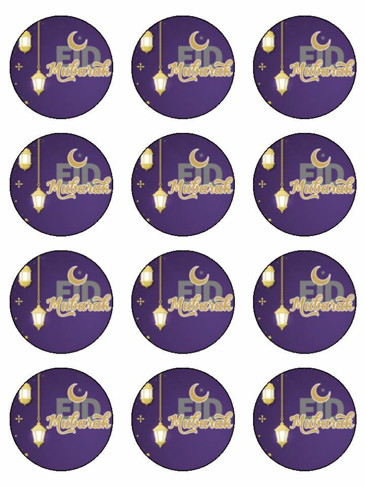 Eid Mubarak happy eid gold Edible Printed Cupcake Toppers Icing Sheet of 12 Toppers