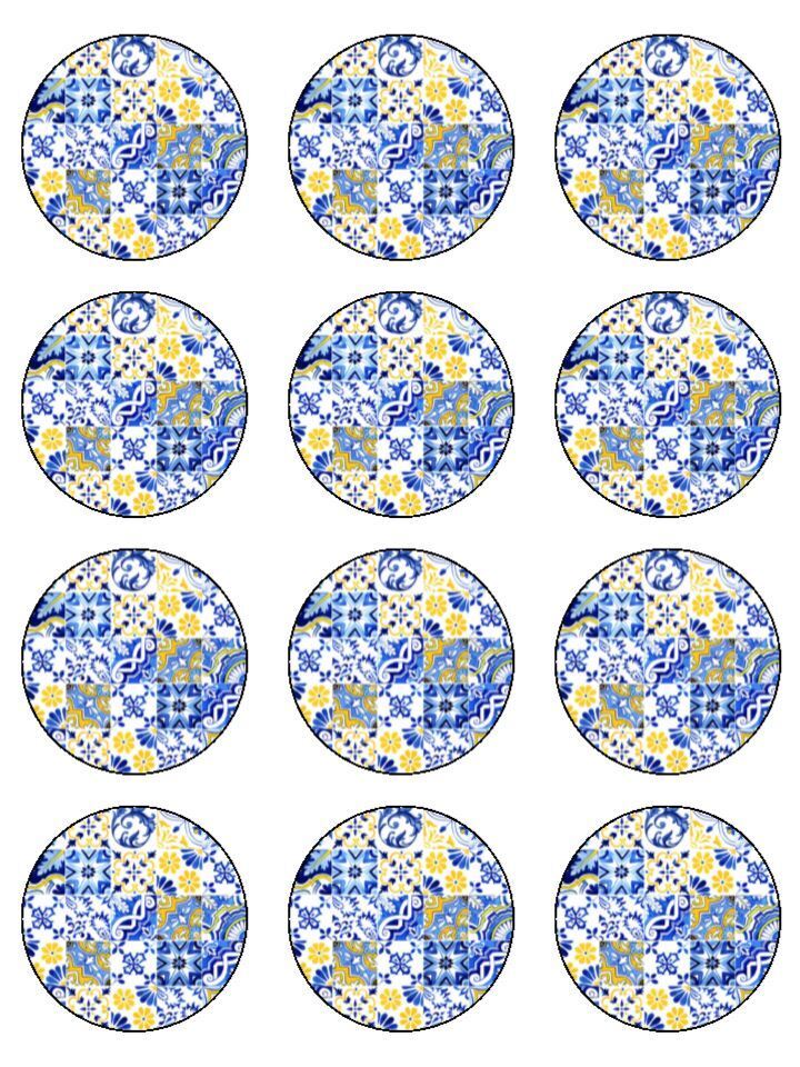 Mediterranean tile pattern blue Edible Printed Cupcake Toppers Icing Sheet of 12 Toppers