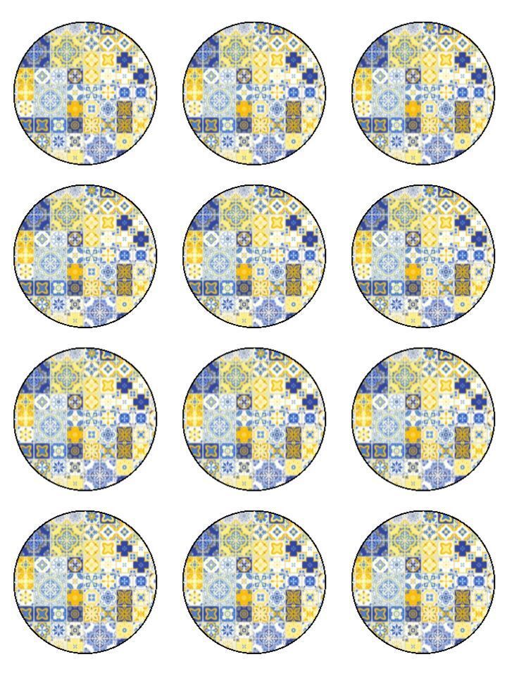 Mediterranean tile pattern Blue & yellow Edible Printed Cupcake Toppers Icing Sheet of 12 Toppers